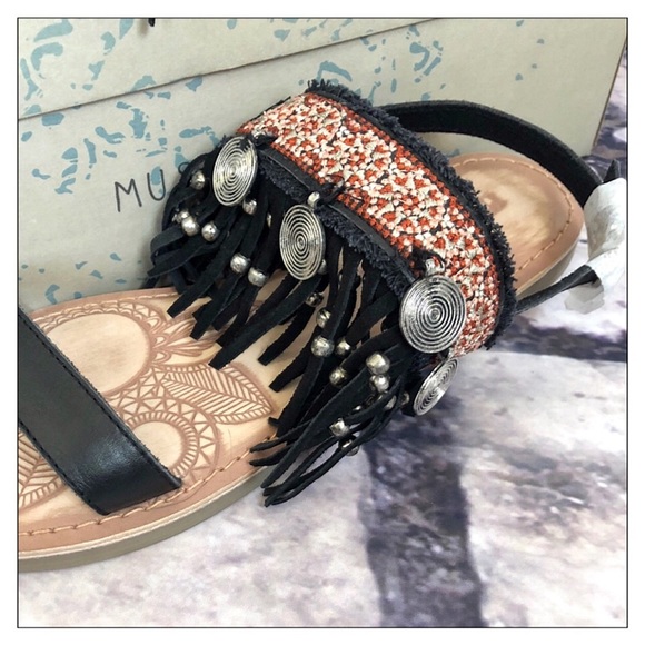 Black Leather Fringe Sling Back Boho Sandals - Picture 2 of 5